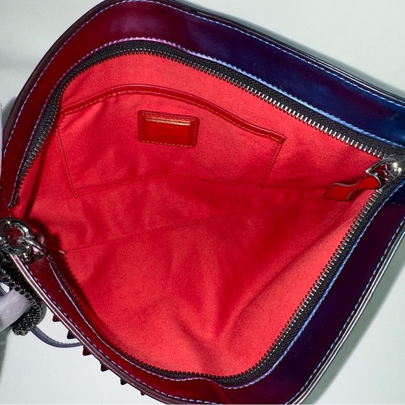 ✨CHRISTIAN LOUBOUTIN Loubiposh Patent Scarabe Spikes Chain Clutch Bag Rose Blue - Picture 9 of 16